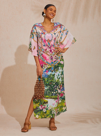 Vacation Jungle Print Dolman Sleeve Chiffon Maxi Dress