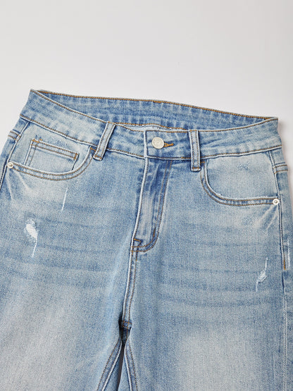 Cotton Stretch Flared Jeans High Waist Frayed Hem Denim Pants
