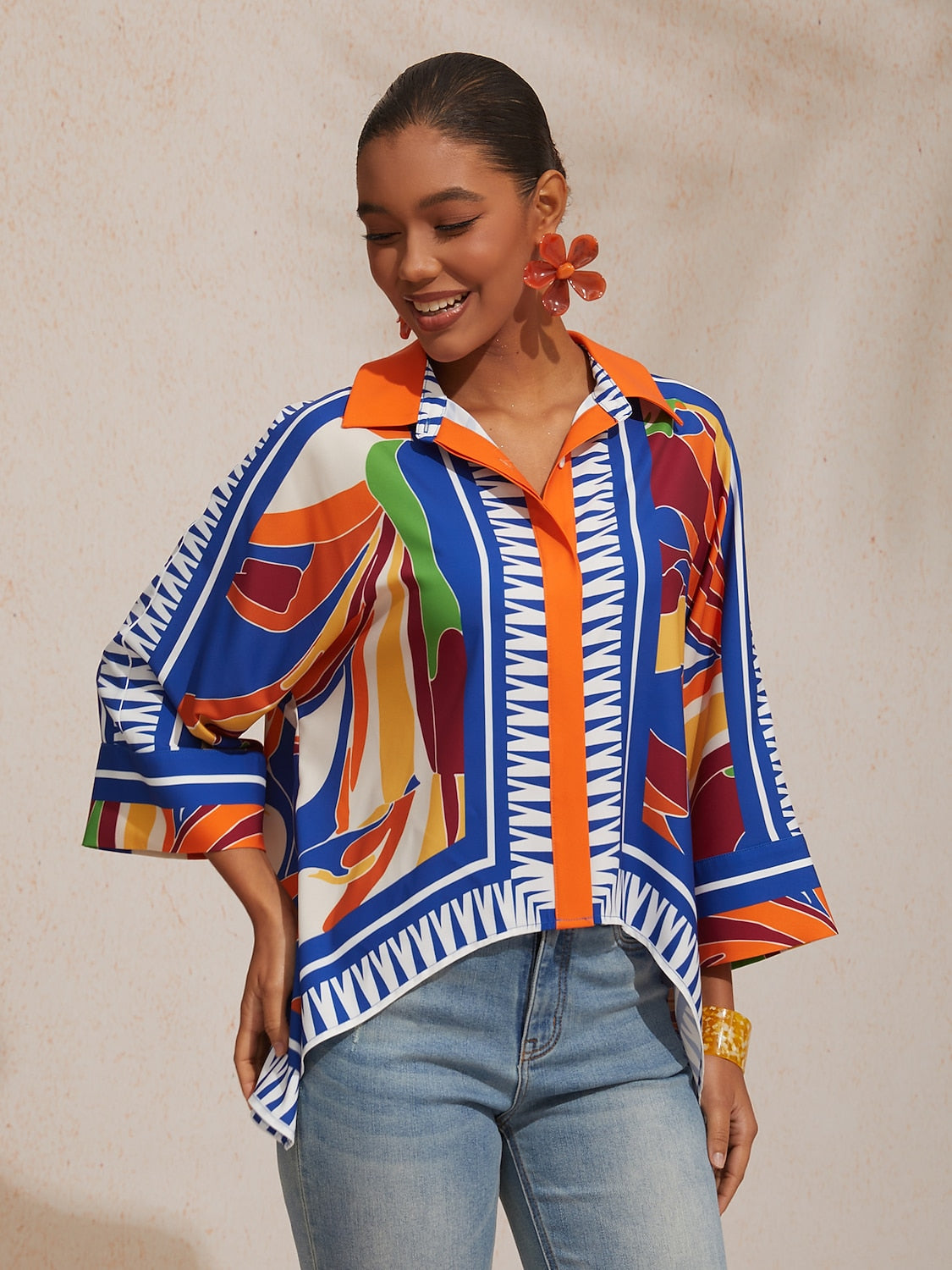 Vacation Geometric Color Block Print Batwing Sleeve Satin Short Shirt