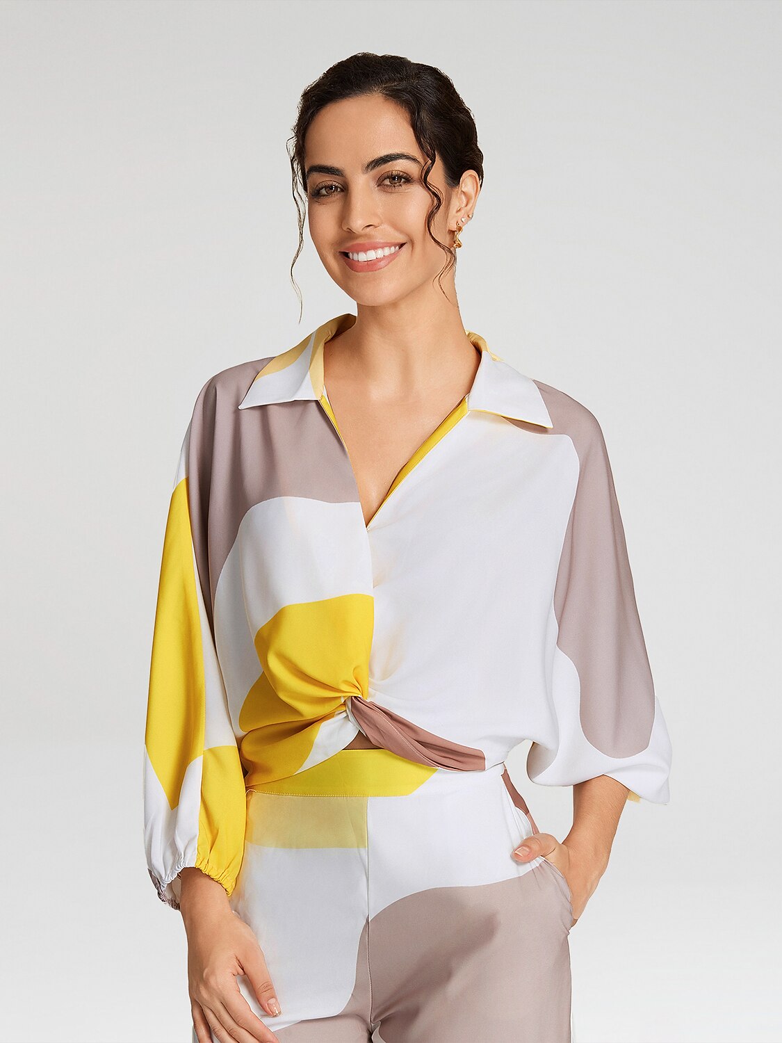 Satin Contrast Knot Front Balloon Sleeve Shirt