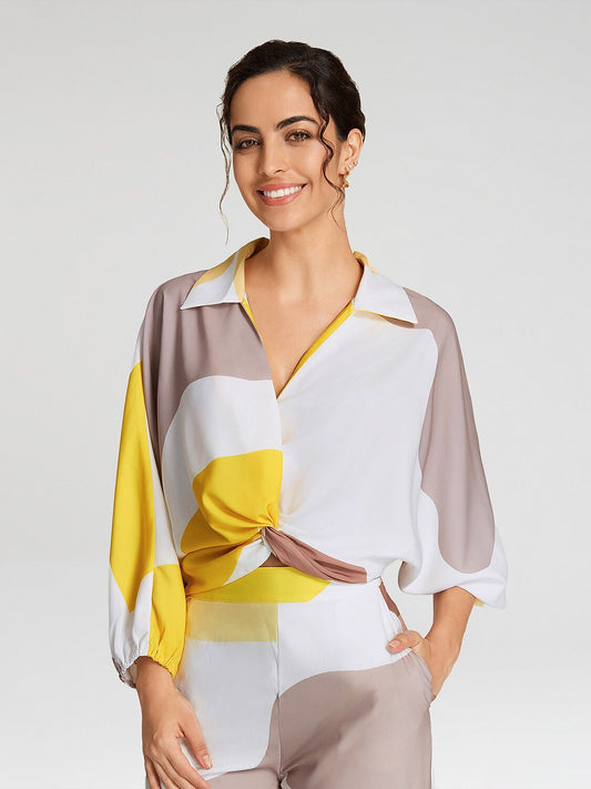 Satin Contrast Knot Front Balloon Sleeve Shirt