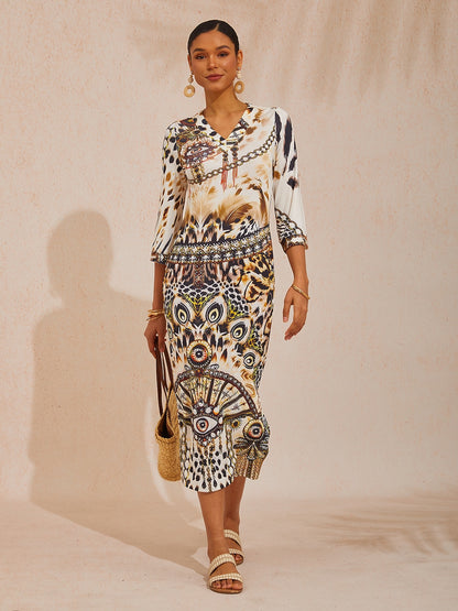 Abstract Leopard Print High Stretch Knit Maxi Dress