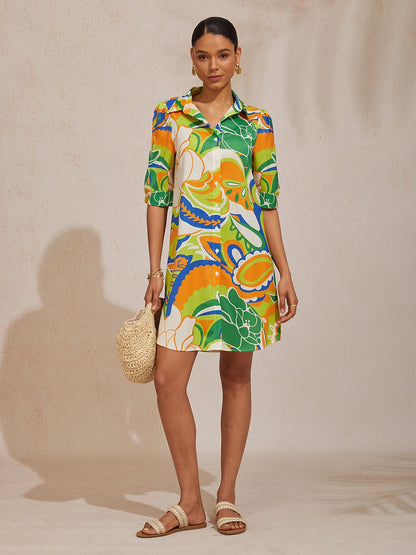Vacation Scenic Floral Print Straight Satin Shirt Dress