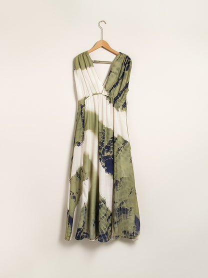Linen-Like Tie-dye Print Vacation Style Sleeveless Maxi Dress