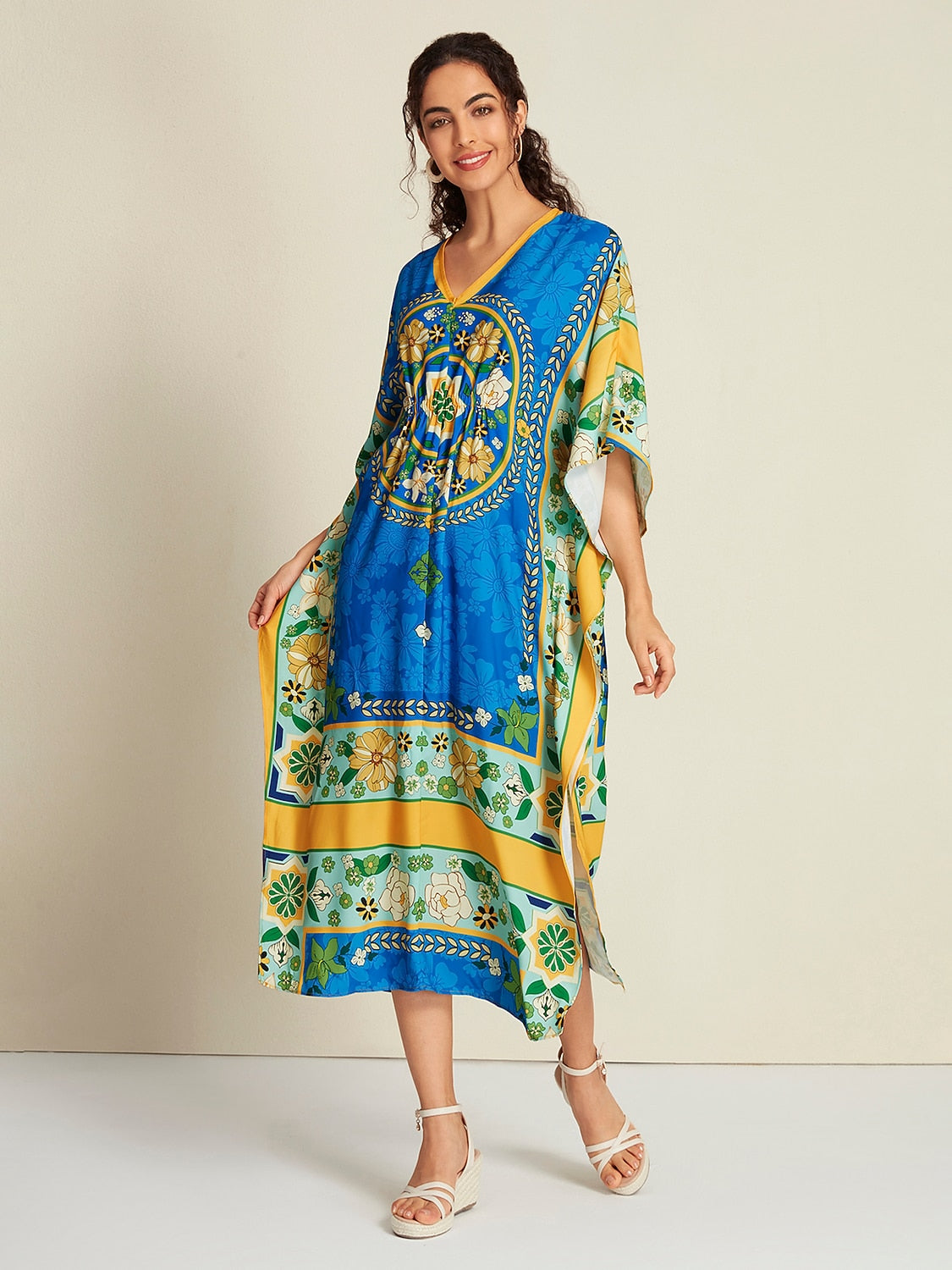 Satin Caftan Bandana Print Raglan Midi Dress
