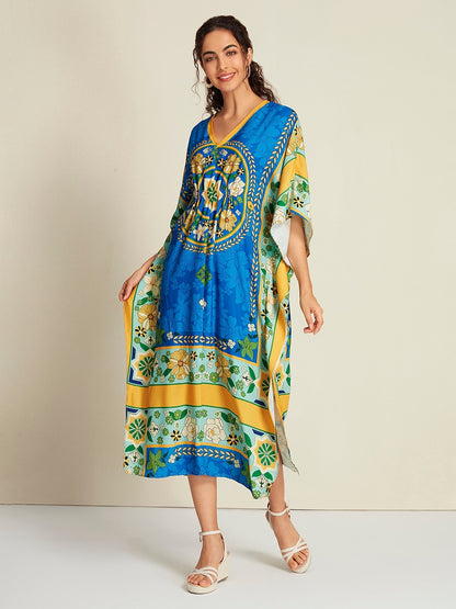 Satin Caftan Bandana Print Raglan Midi Dress