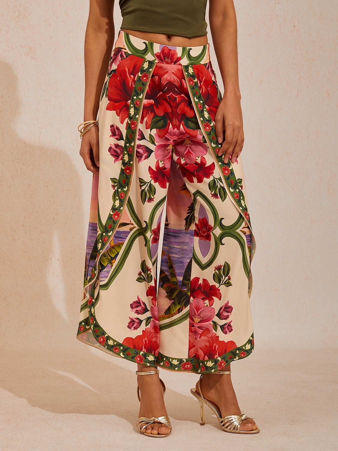 Vacation Placement Floral Crisscross Satin Wide leg Pants