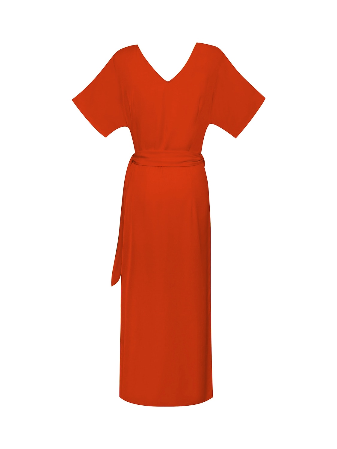 Tencel Linen Orange Red  Shirred Wrap Midi Dress