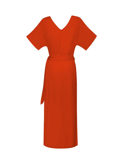 Tencel Linen Orange Red  Shirred Wrap Midi Dress
