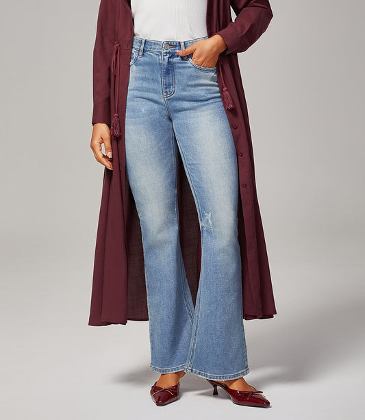 Cotton Stretch Flared Jeans High Waist Frayed Hem Denim Pants