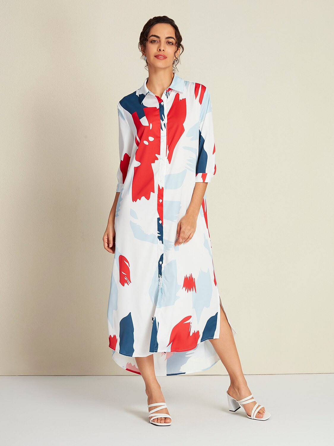 Satin Rainbow Block Pattern Maxi Shirt Dress