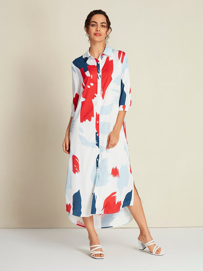 Satin Rainbow Block Pattern Maxi Shirt Dress