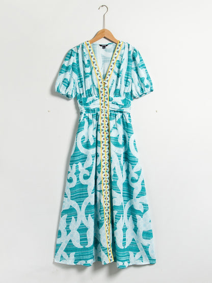 Puff Sleeve V Neck Maxi Dress