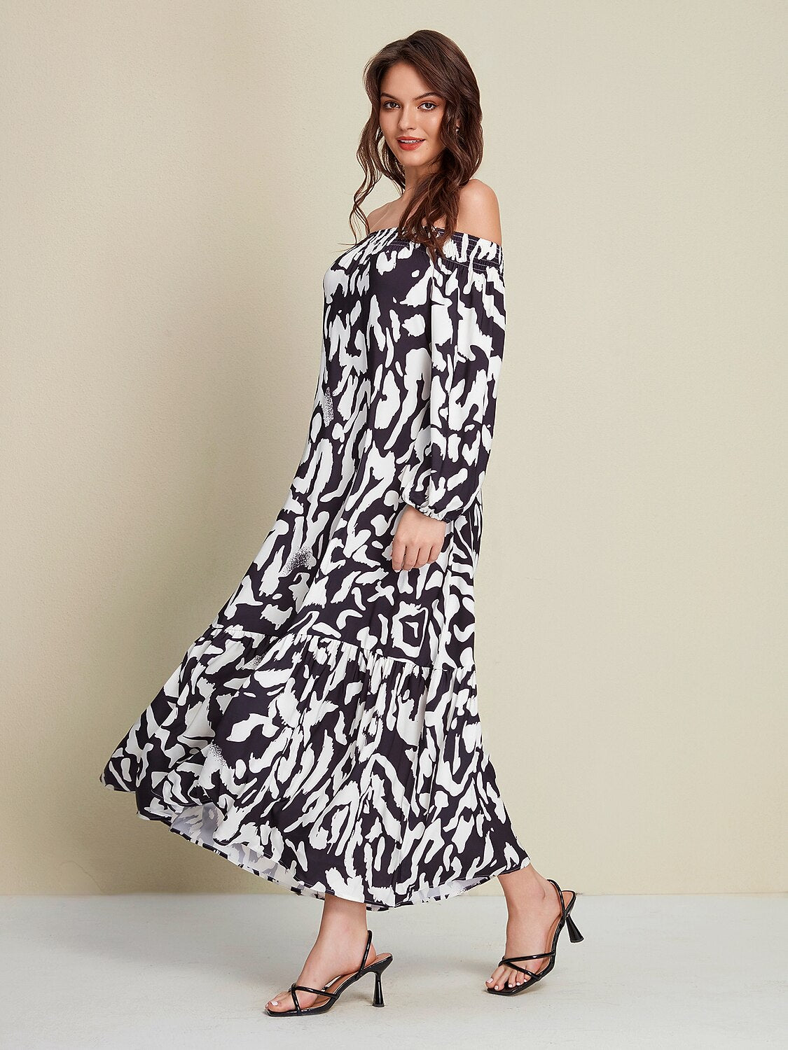 Satin Abstract Graffiti Print Off-Shoulder Maxi Dress