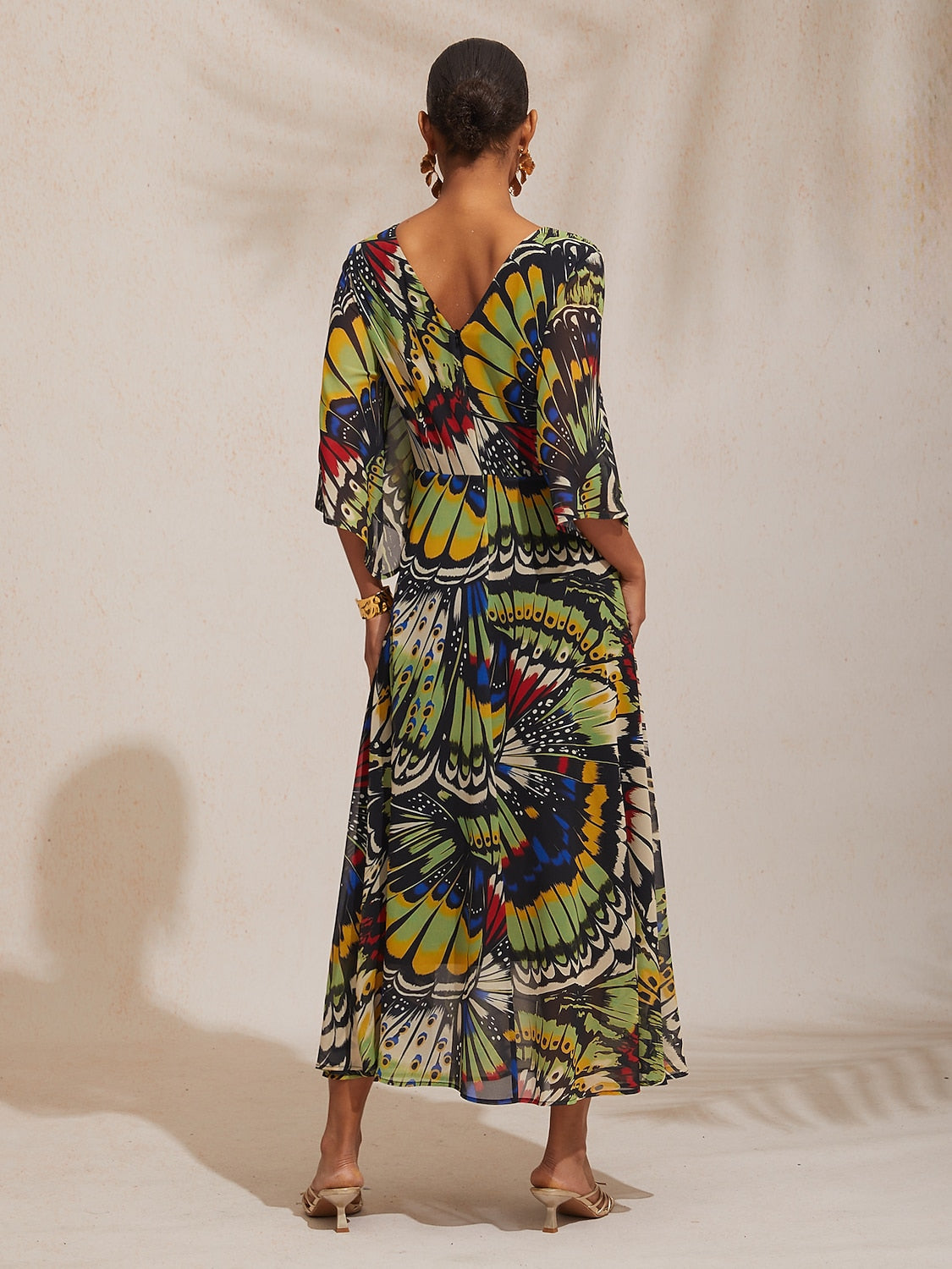 Vacation Butterfly Print Waist Defined Chiffon Maxi Dress