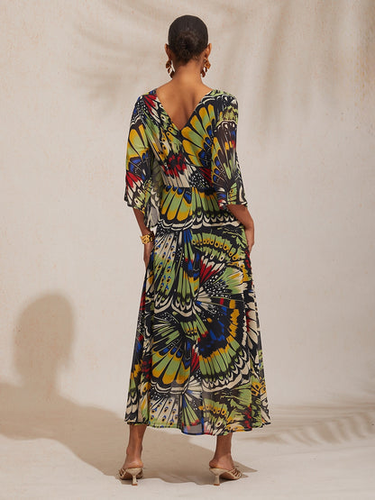 Vacation Butterfly Print Waist Defined Chiffon Maxi Dress