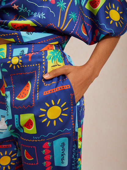 Vacation Tropical Motif Print Straight Satin Pants