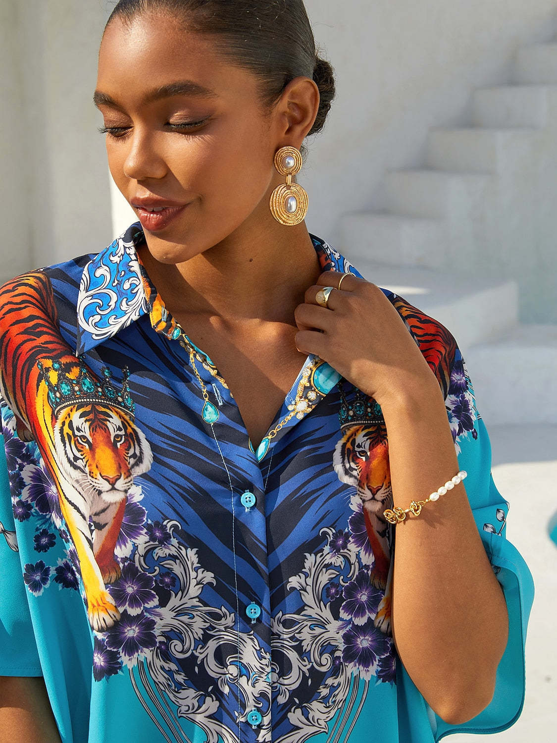 Indigo Tigress Chiffon Vacation Shirt Dress