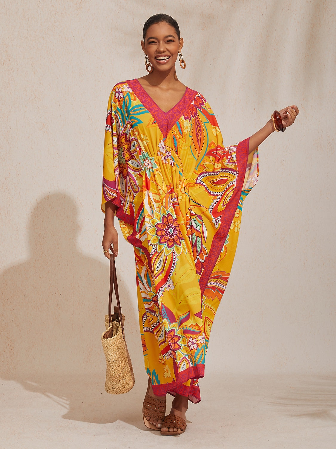 Vacation Yellow Paisley Floral Dolman Sleeves Chiffon Maxi Dress