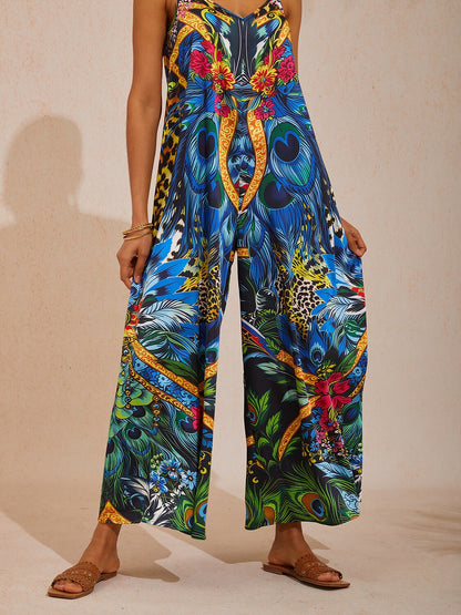 Vacation Jungle Feather Print Satin Cami Jumpsuit