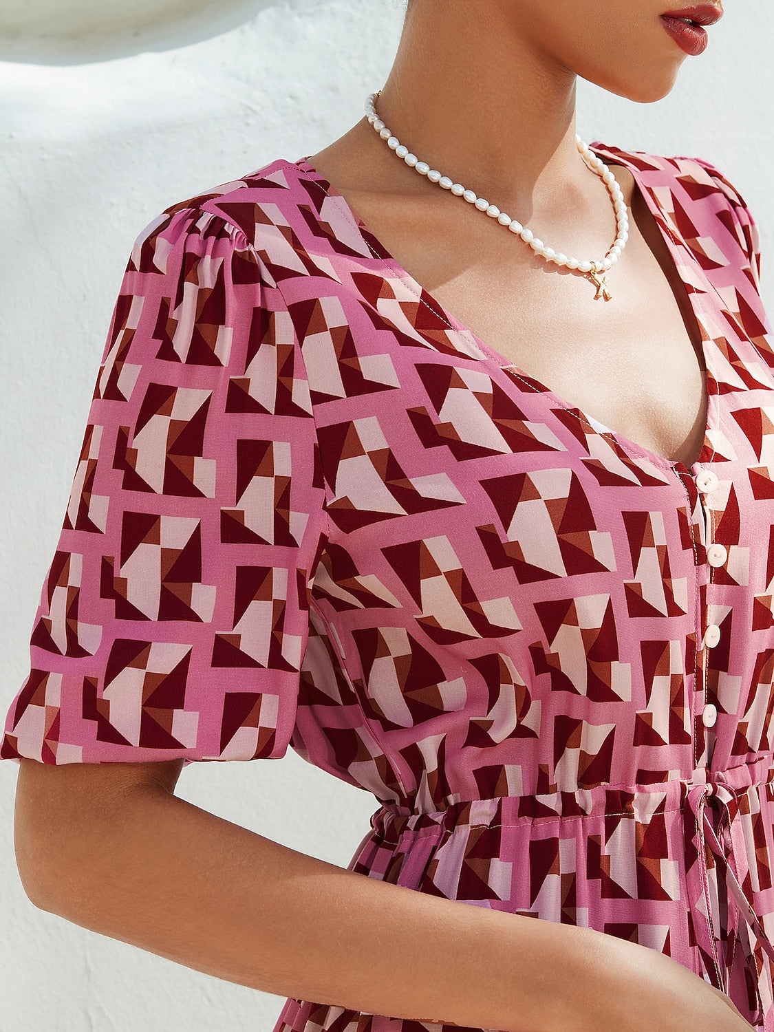 Resort Maxi Dress Pink Short Geometic Drawstring