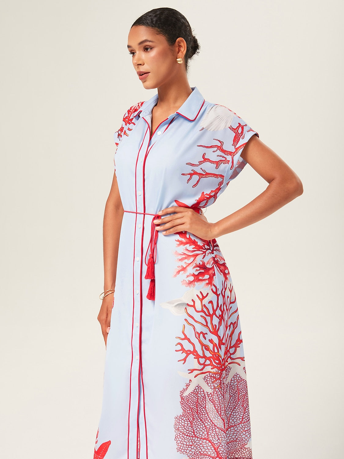 Loose Color-Block Coral Shirt Dress