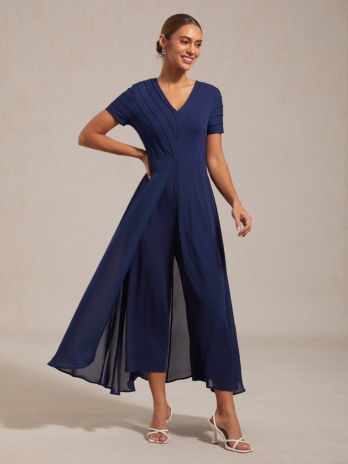 Paneled Design Faux Flowy Sheer Stretch Fabric Jumpsuit