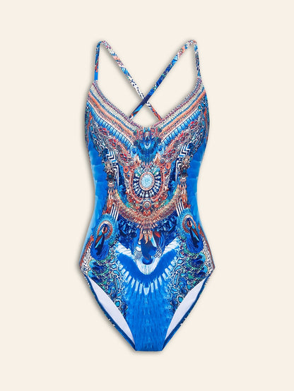 Vacation Feather Leopard Print High Stretch Fabric Tie Swimsuit