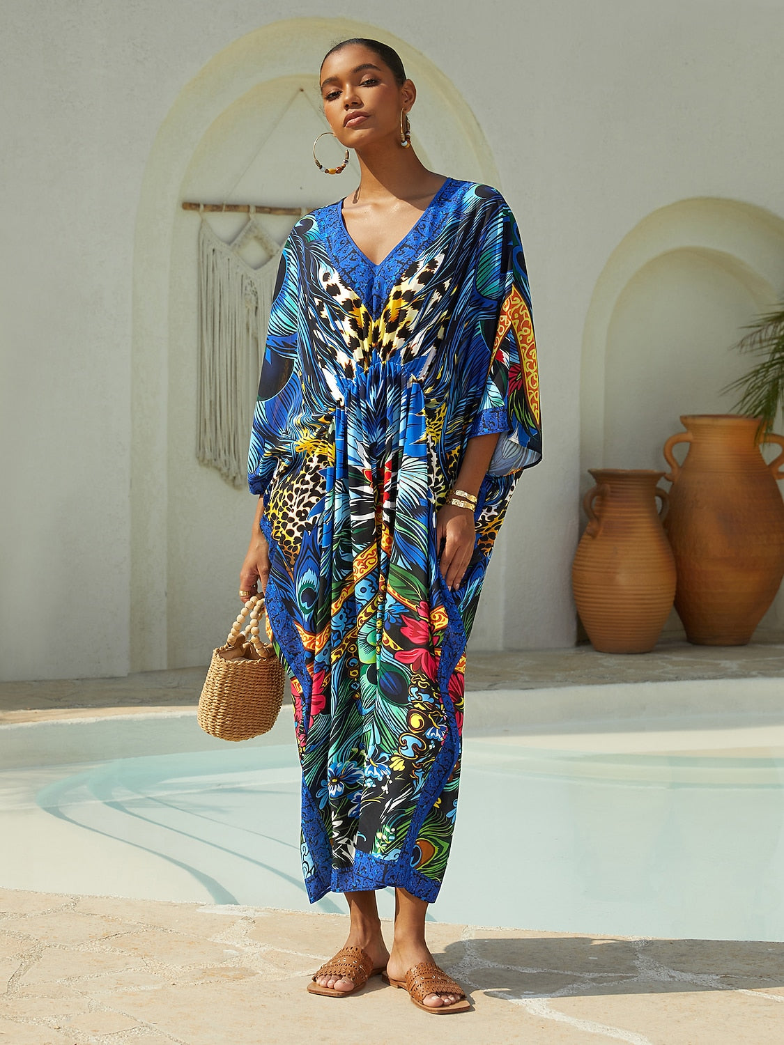 Vacation Feather Leopard Print Dolman Sleeve Chiffon Maxi Dress