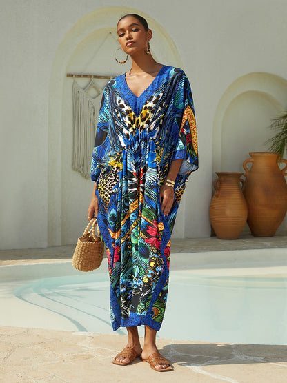Vacation Feather Leopard Print Dolman Sleeve Chiffon Maxi Dress