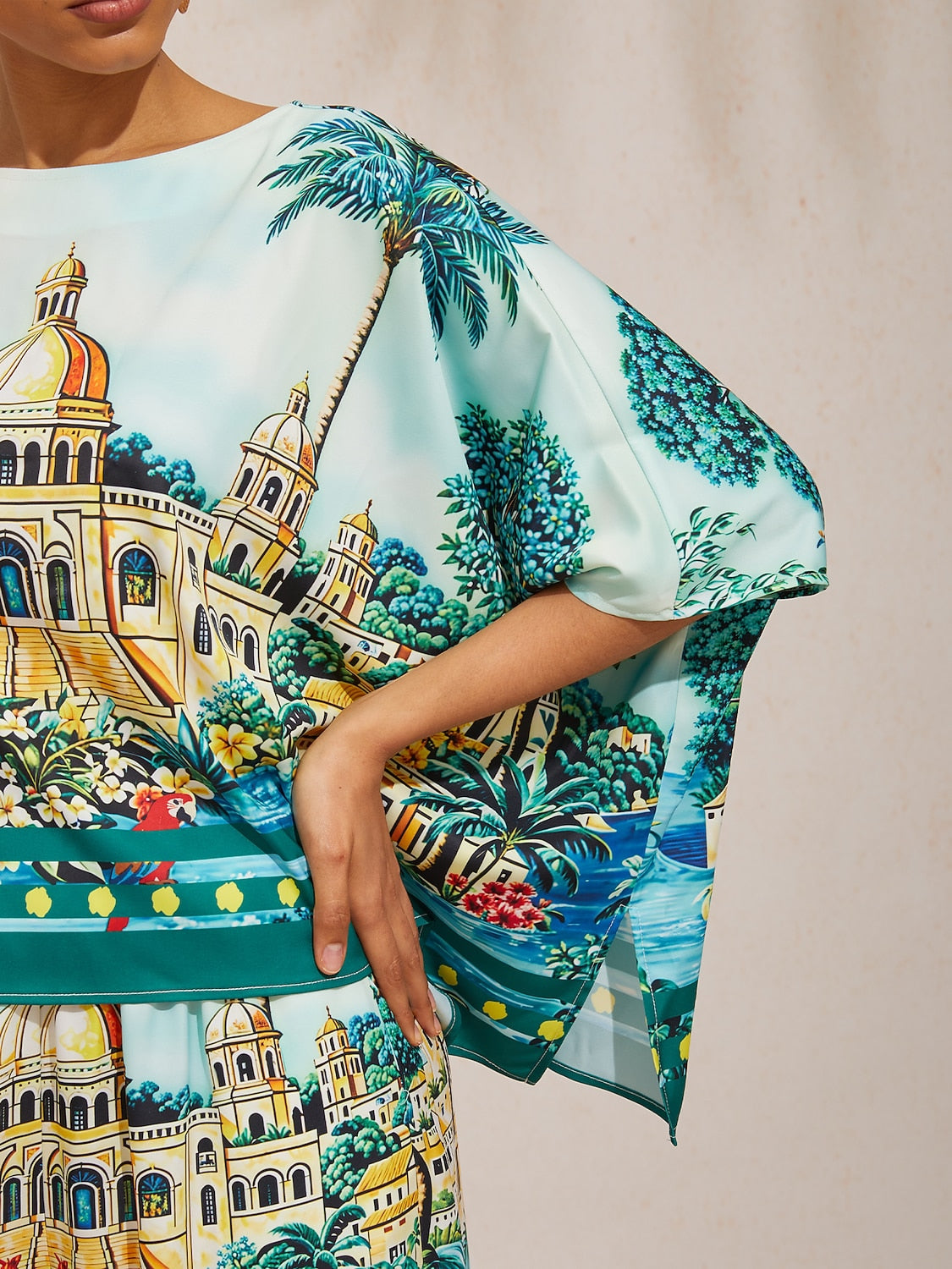 Summer Night Palm Silky Satin Dolman Sleeve Top