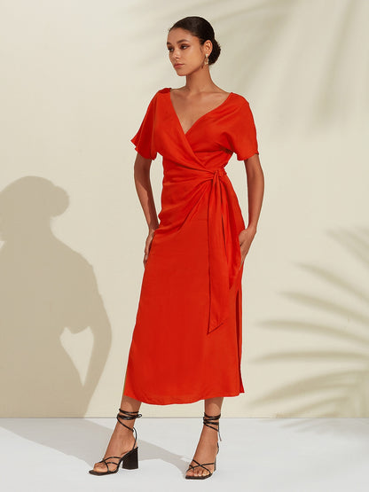 Tencel Linen Orange Red  Shirred Wrap Midi Dress