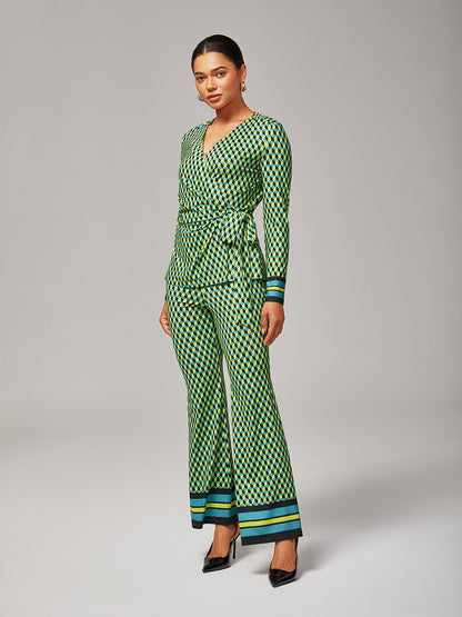Green Geometric Print Stretchy Wrap Satin Top