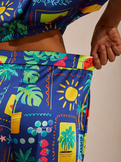 Vacation Tropical Motif Print Straight Satin Pants