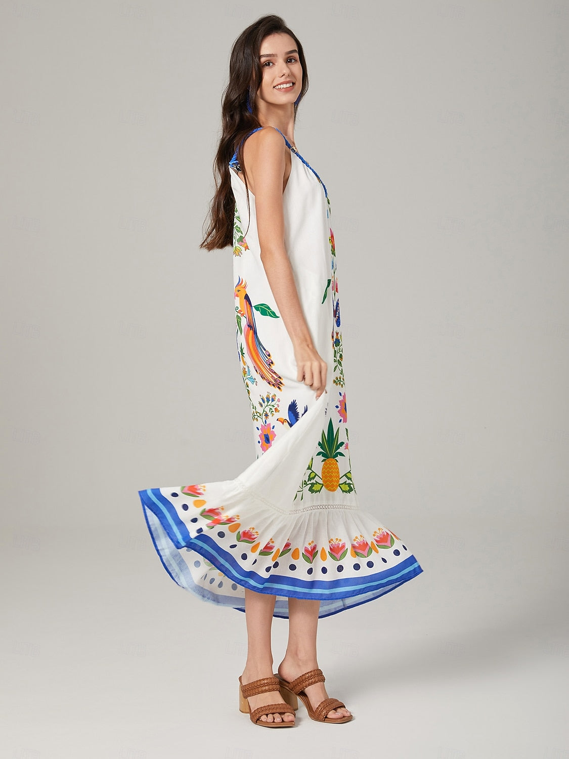 White-Toned Cotton Like Beach Vacation Floral Print Dress