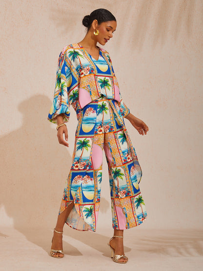 Vacation Geometric Floral Print Curved Hem Cross-over Satin Wide leg Pants