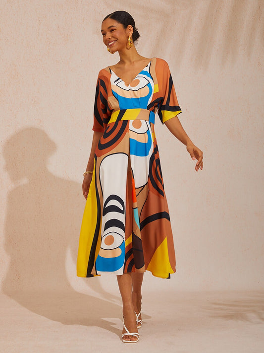 Vacation Abstract Geometric Color Block Waist Cinching Satin Maxi Dress