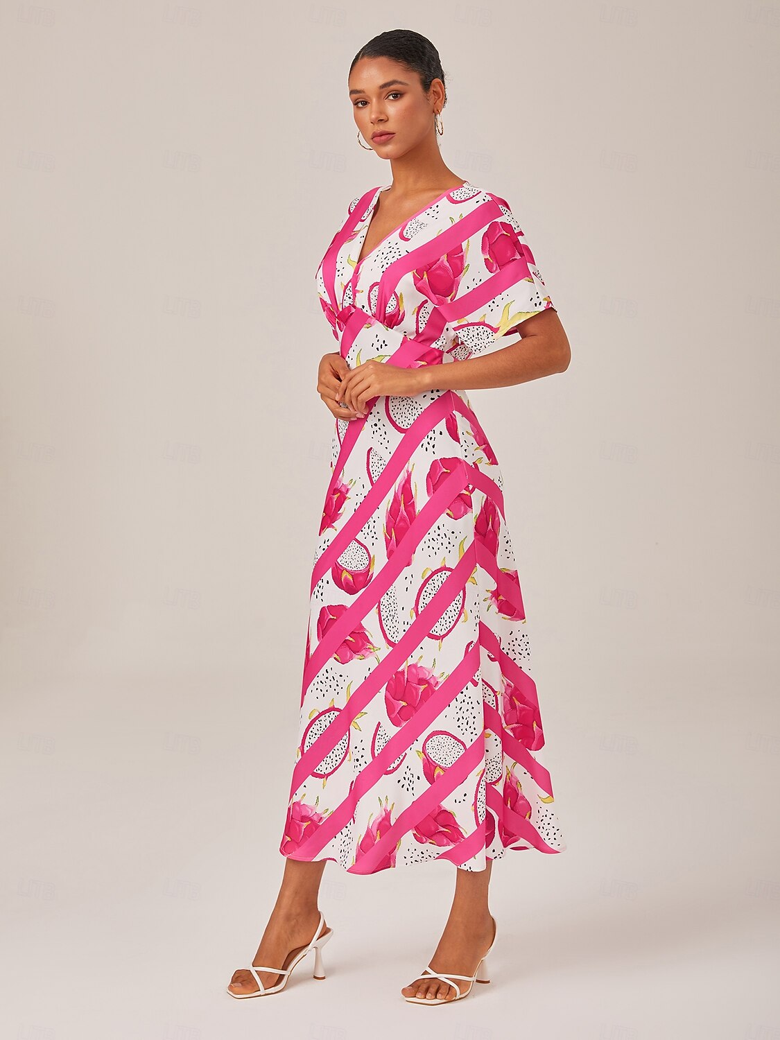Satin Dragon Fruit Stripes Print Vacation Batwing Maxi Dress