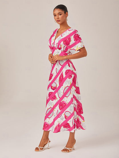 Satin Dragon Fruit Stripes Print Vacation Batwing Maxi Dress
