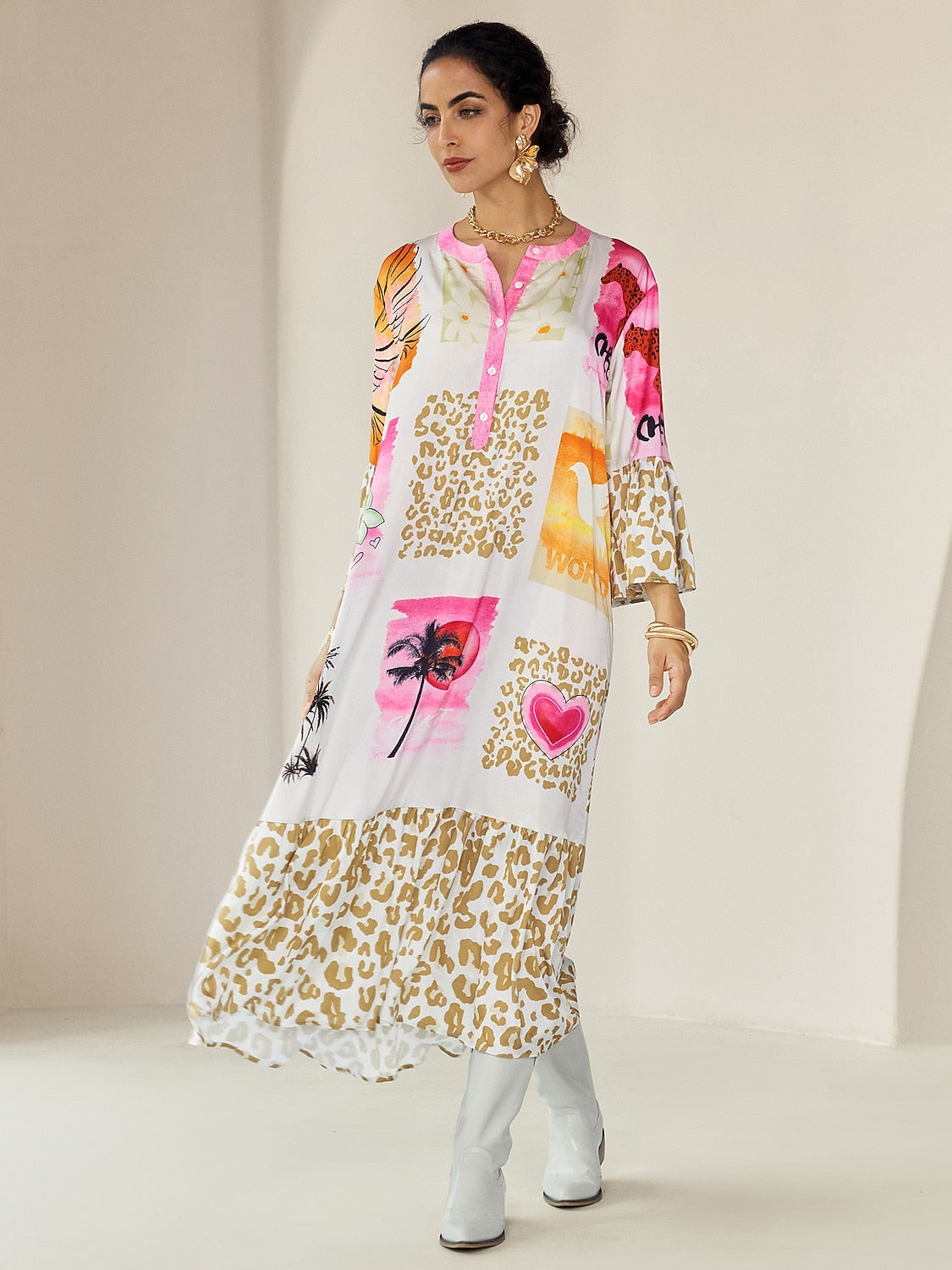 Satin Leopard Print Button Up Maxi Dress