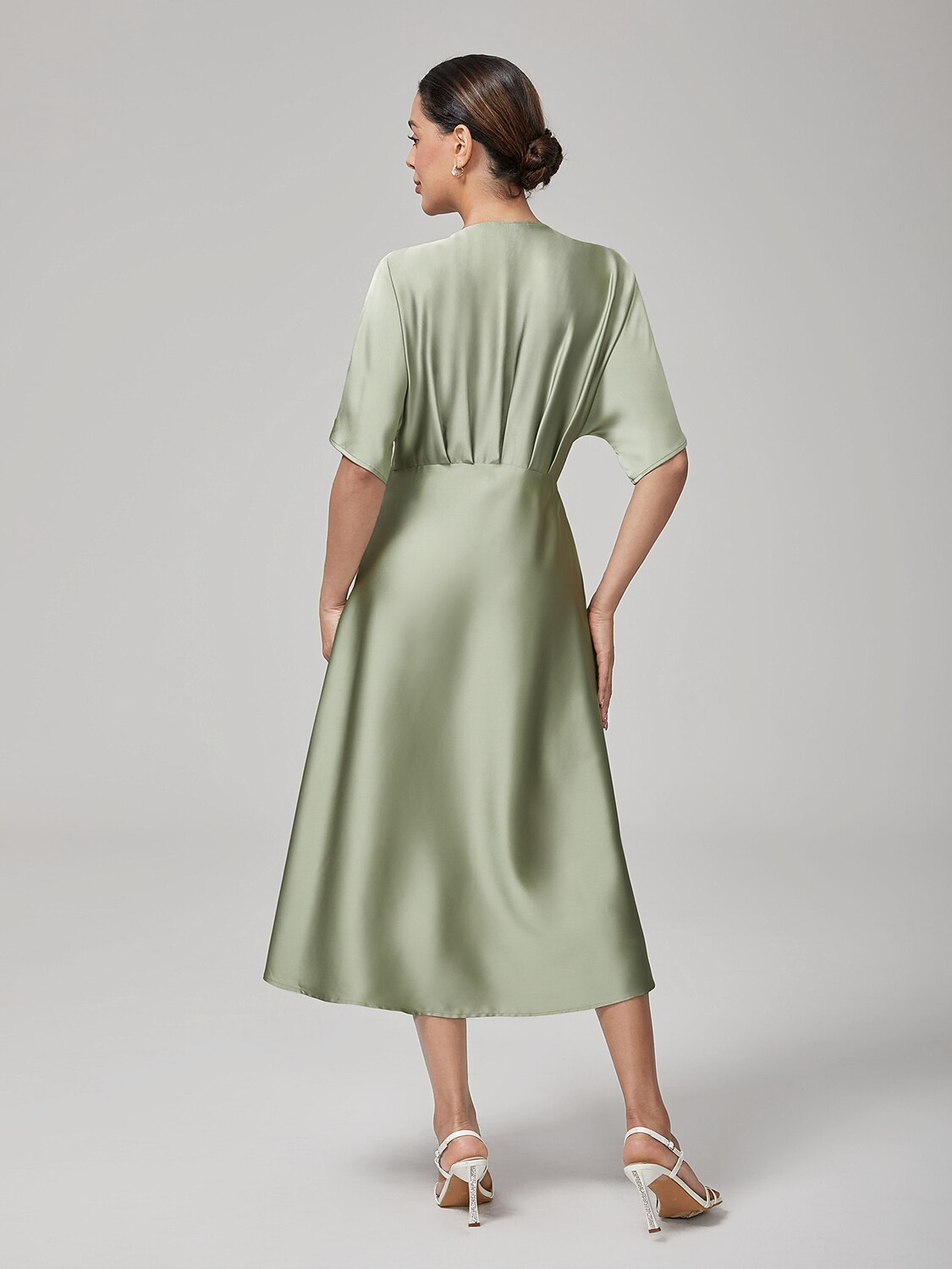 Elegant Pleat V-Neck Dolman Sleeves Satin Dress