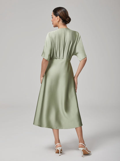 Elegant Pleat V-Neck Dolman Sleeves Satin Dress