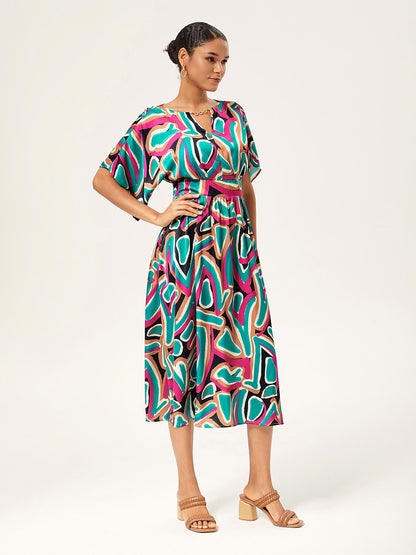 Colorful Abstract Batwing Sleeve Cinched Satin Dress