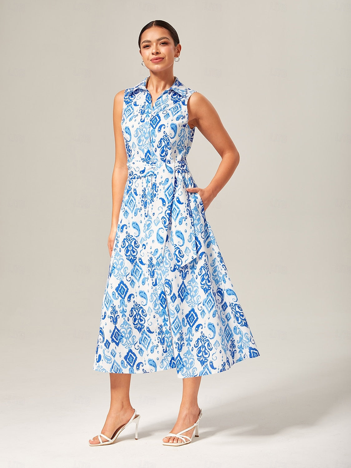 Monochrome Print Linen Look Midi Shirt Dress