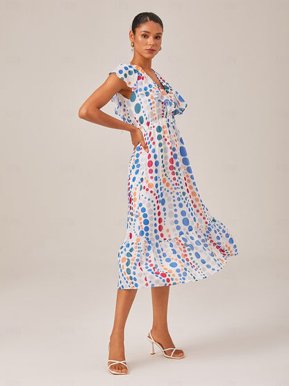 Colorful Polka Dot Chiffon Ruffled Waisted Dress