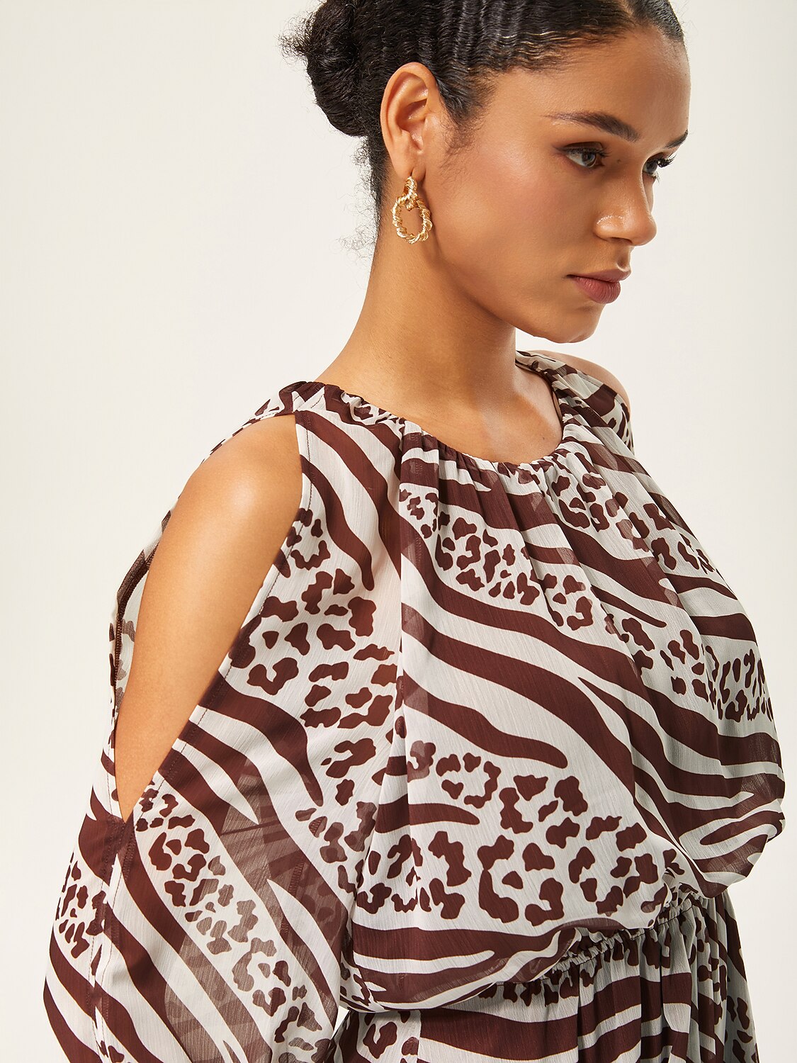 Animal Print Ruched Three Quarter Sleeve Dress