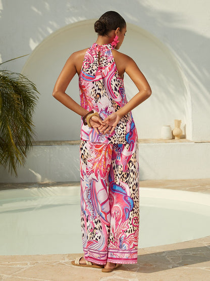 Vacation Pink Paisley Print Satin Straight Pants