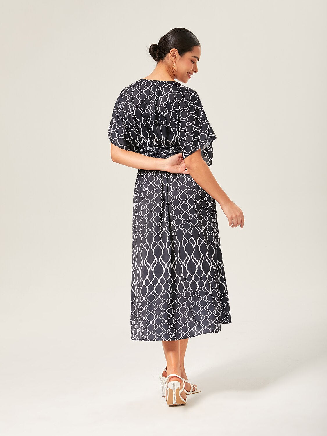 Geometric Print V-Neck Cinched Maxi Dress