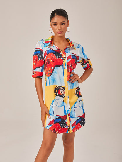 Mini Shirt Dress Satin Artistic Down Straight Fit