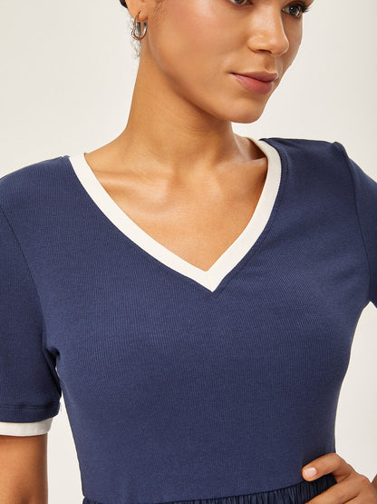 Navy Blue Cotton Knit-Woven Panel Dress